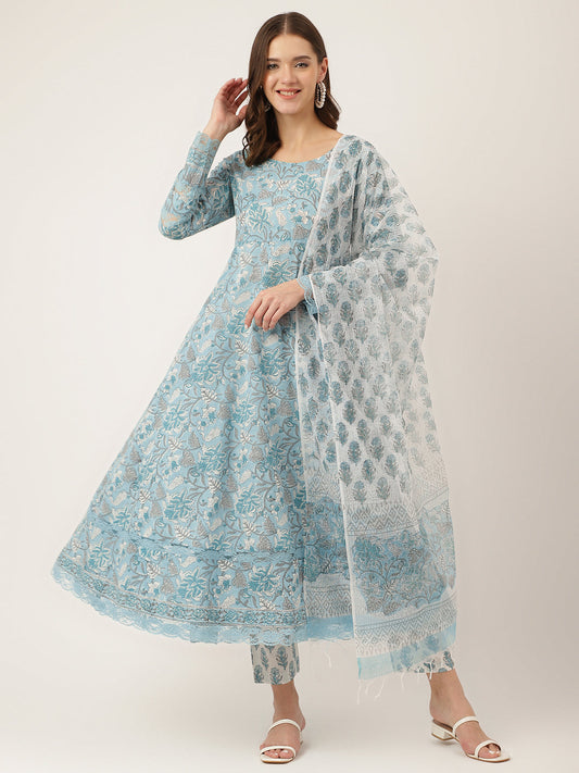 Sky Blue Hand Block Floral Print Women Cotton Kurta, Trouser With Dupatta