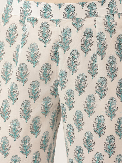 Sky Blue Hand Block Floral Print Women Cotton Kurta, Trouser With Dupatta
