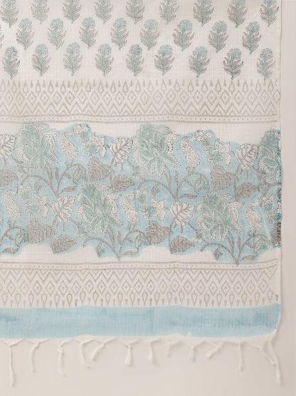 Sky Blue Hand Block Floral Print Women Cotton Kurta, Trouser With Dupatta