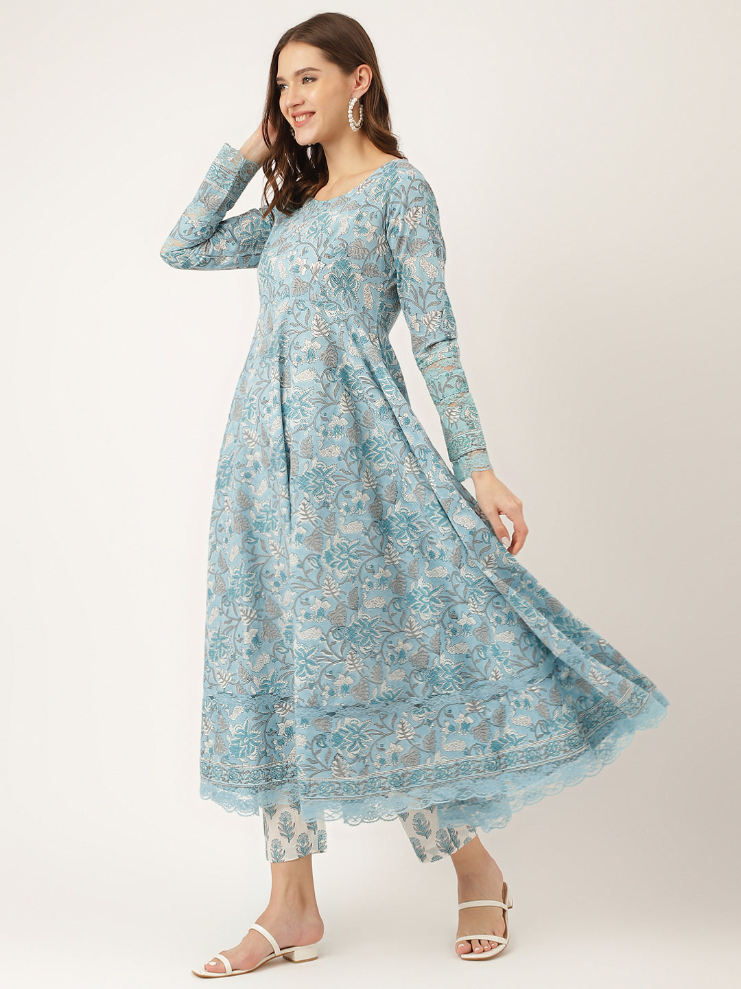 Sky Blue Hand Block Floral Print Women Cotton Kurta, Trouser With Dupatta