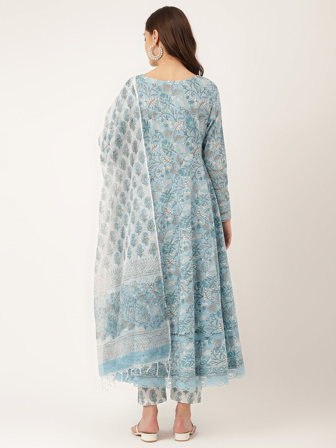 Sky Blue Hand Block Floral Print Women Cotton Kurta, Trouser With Dupatta