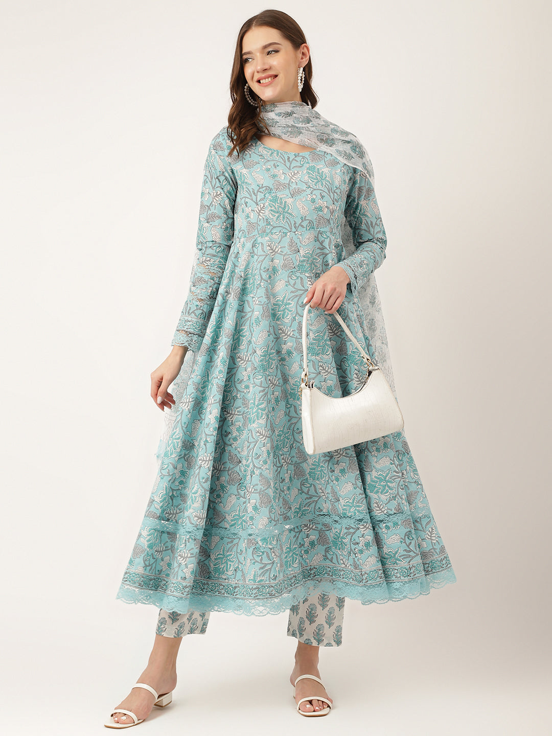 Sky Blue Hand Block Floral Print Women Cotton Kurta, Trouser With Dupatta