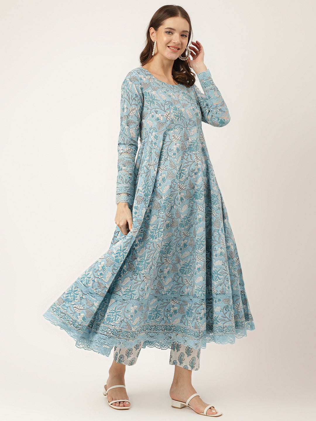 Sky Blue Hand Block Floral Print Women Cotton Kurta, Trouser With Dupatta