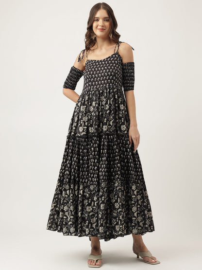 Floral Printed Cotton Cold Shoulder Tiered Party Wear Dress