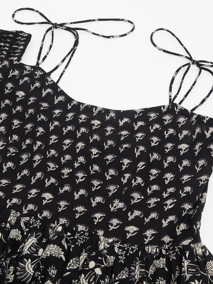 Floral Printed Cotton Cold Shoulder Tiered Party Wear Dress