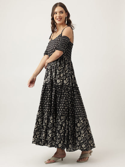 Floral Printed Cotton Cold Shoulder Tiered Party Wear Dress
