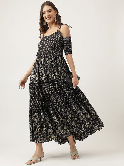 Floral Printed Cotton Cold Shoulder Tiered Party Wear Dress