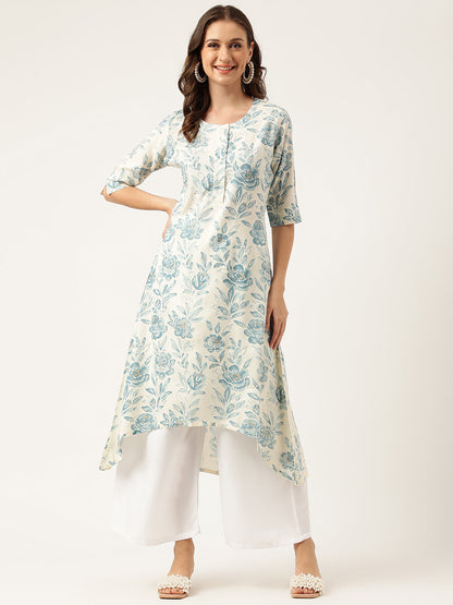 Ethnic Floral Print A-line Kurta with Asymetric Hemline