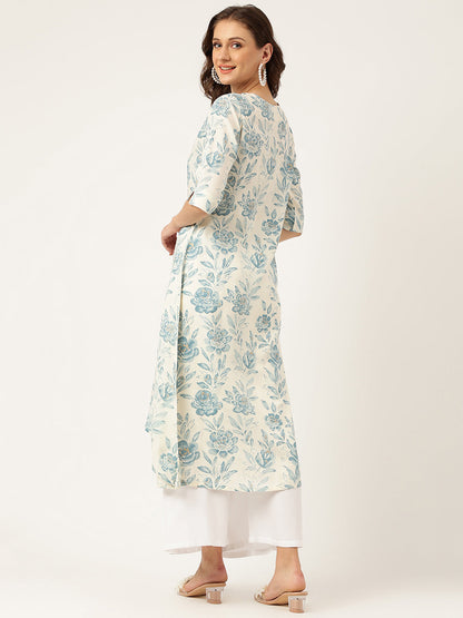 Ethnic Floral Print A-line Kurta with Asymetric Hemline