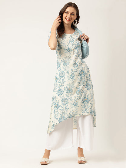 Ethnic Floral Print A-line Kurta with Asymetric Hemline