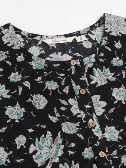 Ethnic Black Floral Print Straight Fit Cotton kurta