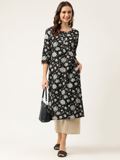Ethnic Black Floral Print Straight Fit Cotton kurta