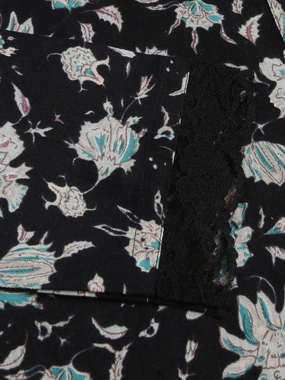 Ethnic Black Floral Print Straight Fit Cotton kurta