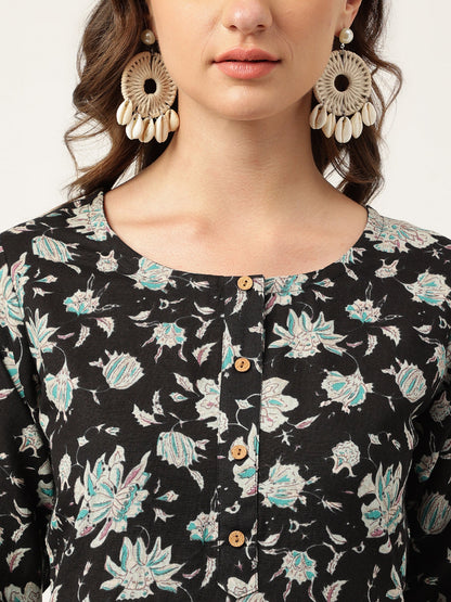 Ethnic Black Floral Print Straight Fit Cotton kurta