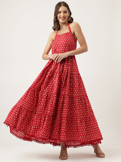 Red Floral Printed Cotton Ethnic Tiered Party Wear Dress