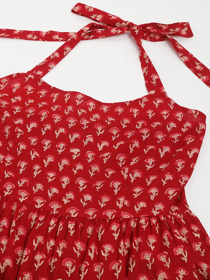Red Floral Printed Cotton Ethnic Tiered Party Wear Dress