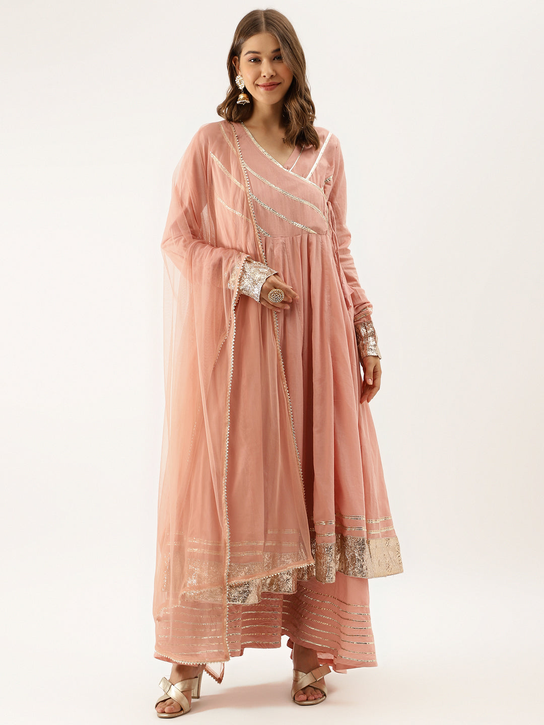 Peach Solid Cotton Gota Work Kurta Set with Dupatta For Women