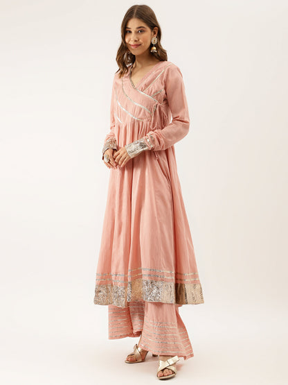 Peach Solid Cotton Gota Work Kurta Set with Dupatta For Women