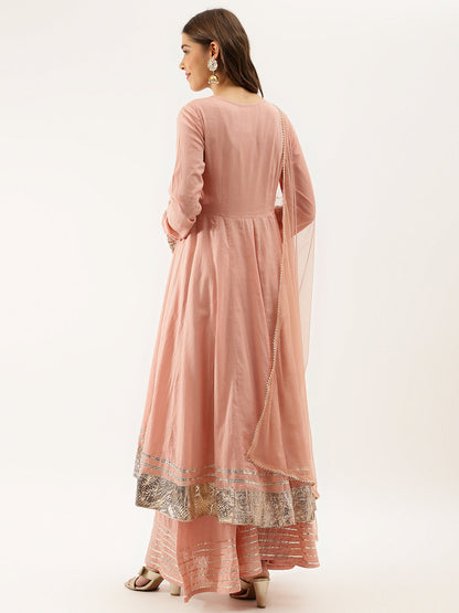 Peach Solid Cotton Gota Work Kurta Set with Dupatta For Women