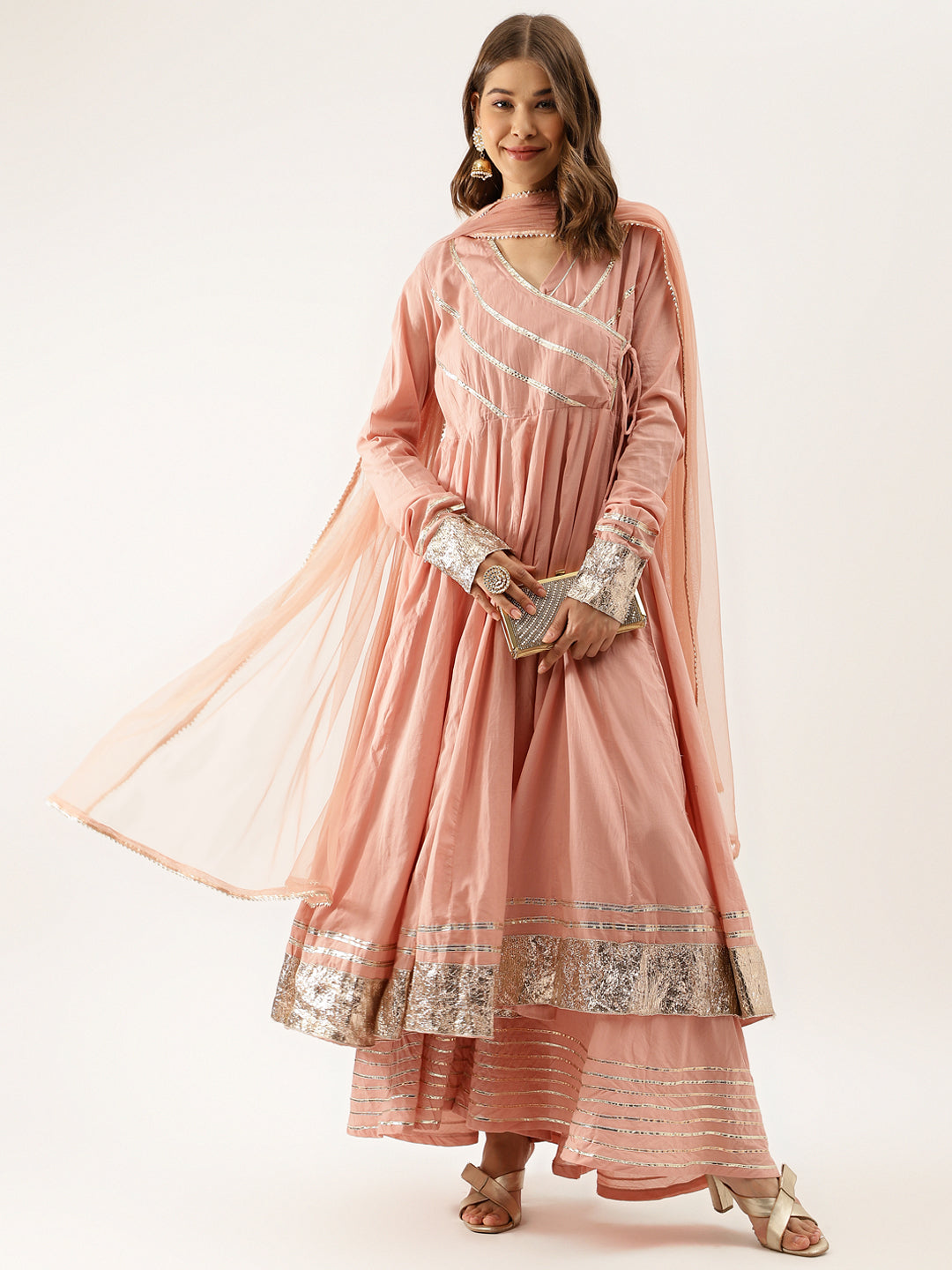 Peach Solid Cotton Gota Work Kurta Set with Dupatta For Women