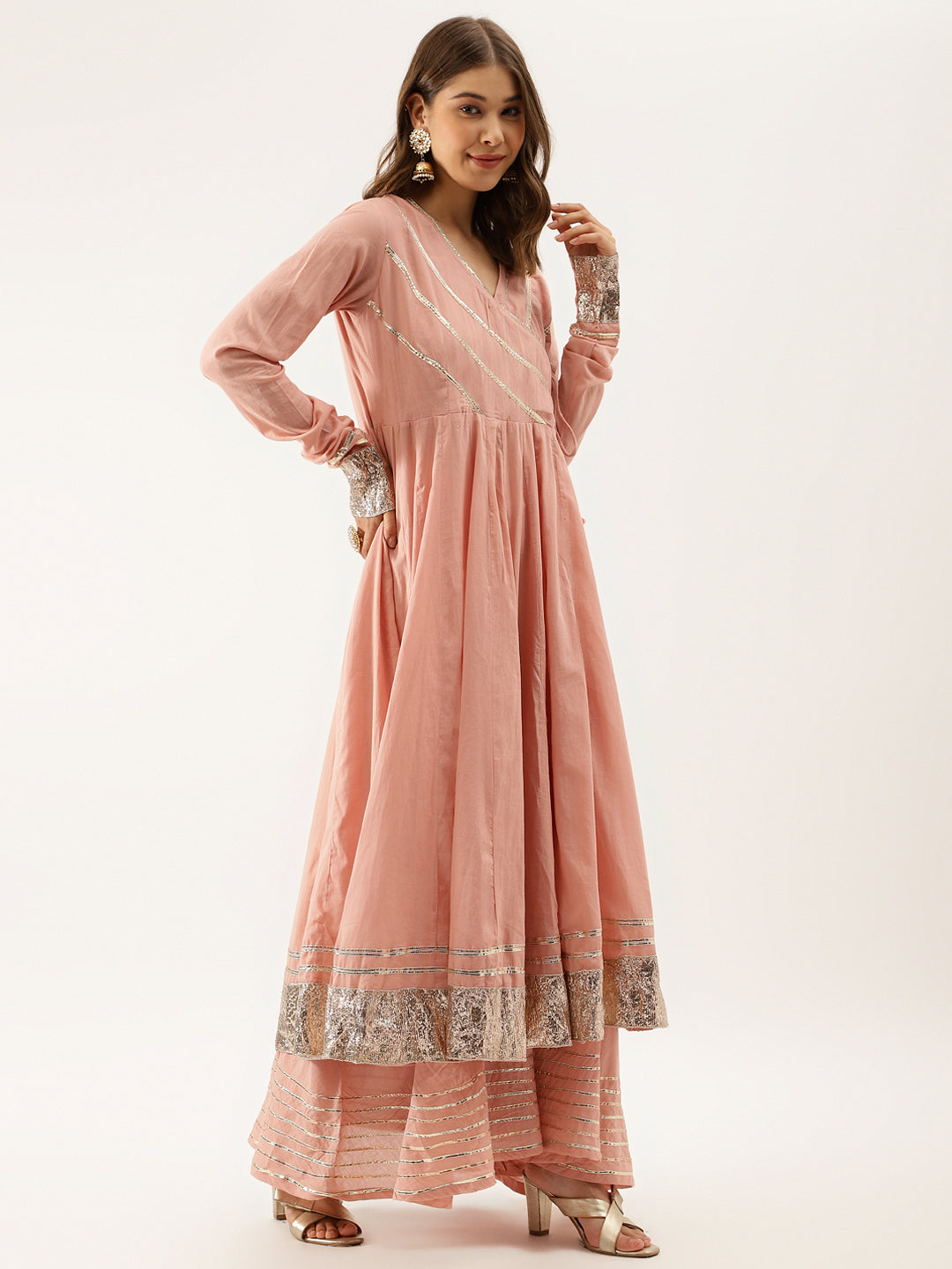 Peach Solid Cotton Gota Work Kurta Set with Dupatta For Women