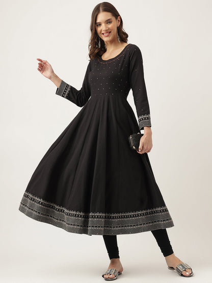 Ethnic Black Embroidered Cotton Anarkali Kurta
