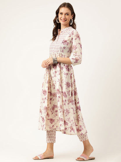 Divena White Purple Floral Cotton Flared kurta with Pant set