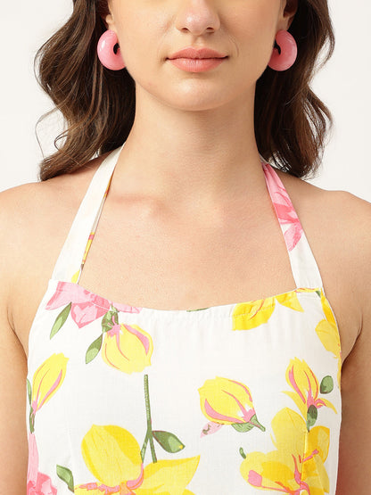 Floral Printed Halter Neck Cotton Casual Maxi Party Wear Dress
