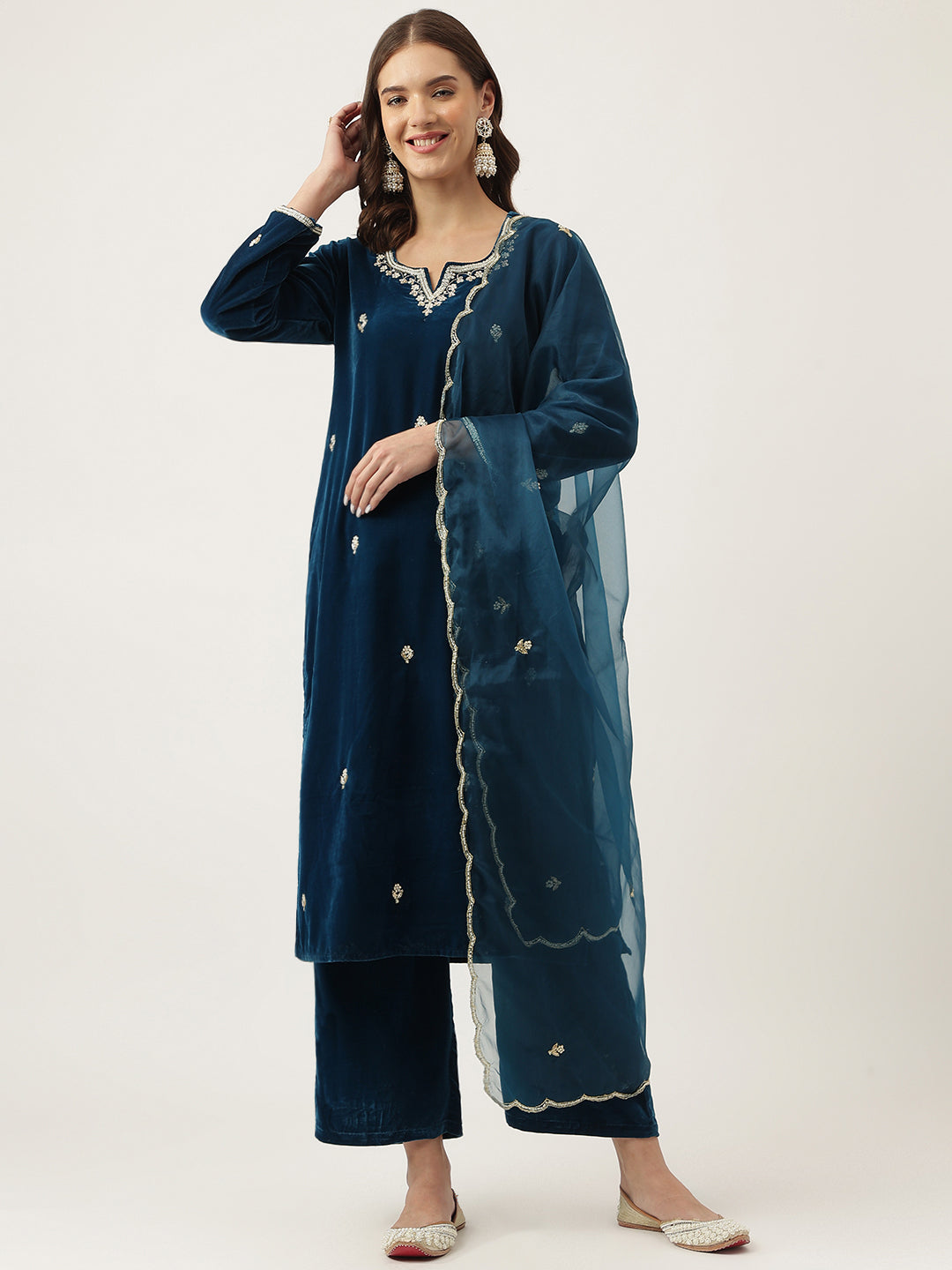 Rayol Blue Hand Embroidered Velvet Straight Kurta Set For Women, Trousers with Dupatta