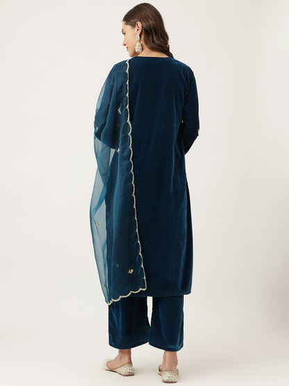 Rayol Blue Hand Embroidered Velvet Straight Kurta Set For Women, Trousers with Dupatta