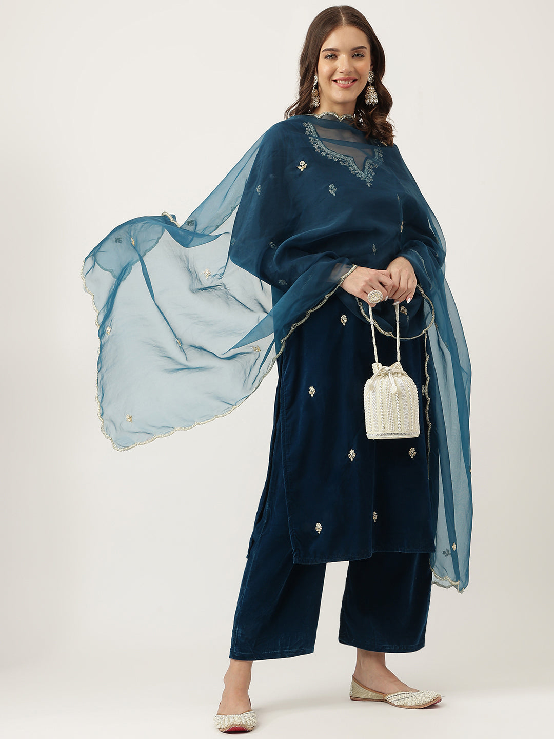 Rayol Blue Hand Embroidered Velvet Straight Kurta Set For Women, Trousers with Dupatta