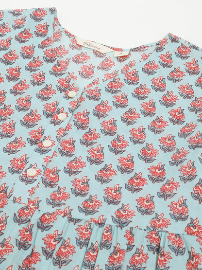 Party Wear Sky Blue Floral Printed Cotton Tiered Dress