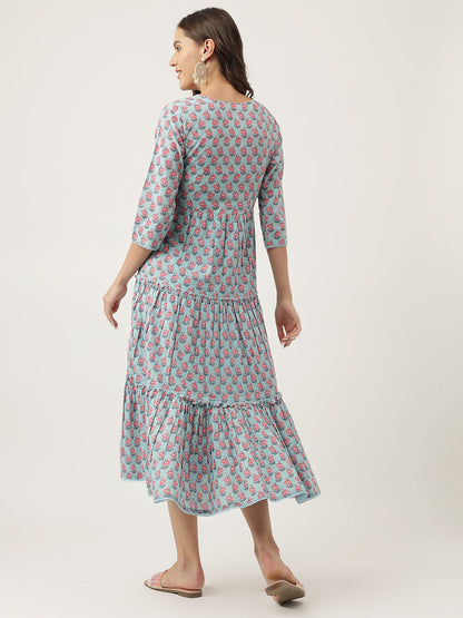Party Wear Sky Blue Floral Printed Cotton Tiered Dress