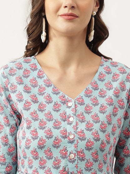 Party Wear Sky Blue Floral Printed Cotton Tiered Dress