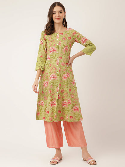 Ethnic Green Floral Print Cotton A-Line Kurta