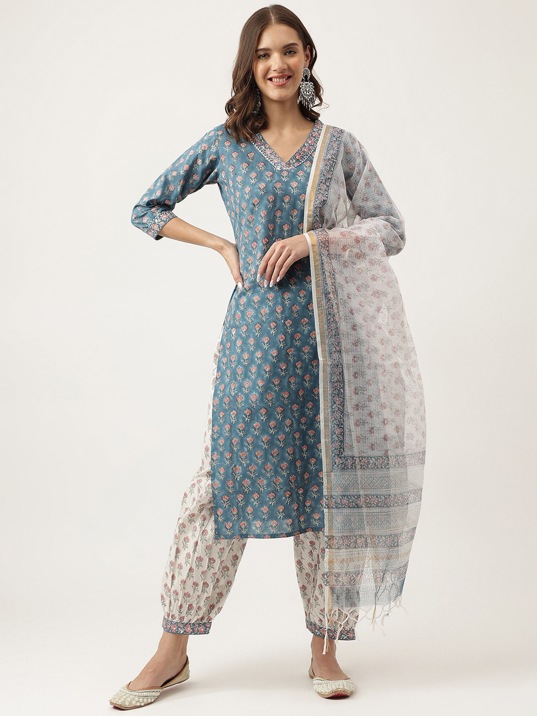 Blue Floral Printed Cotton Embroidered Kurta Set With Trouser & Dupatta For Women