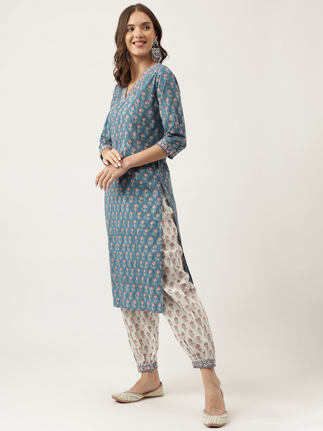 Blue Floral Printed Cotton Embroidered Kurta Set With Trouser & Dupatta For Women