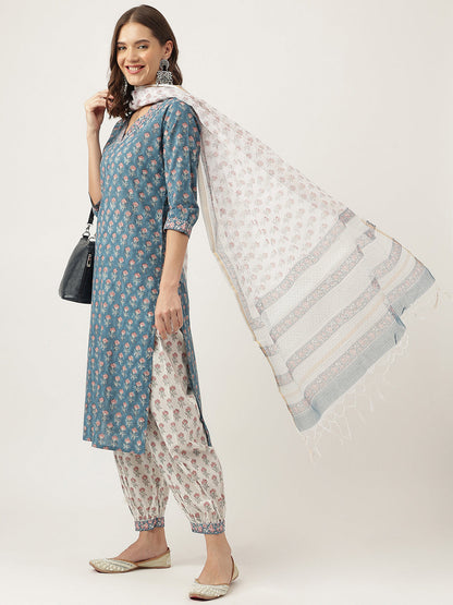Blue Floral Printed Cotton Embroidered Kurta Set With Trouser & Dupatta For Women