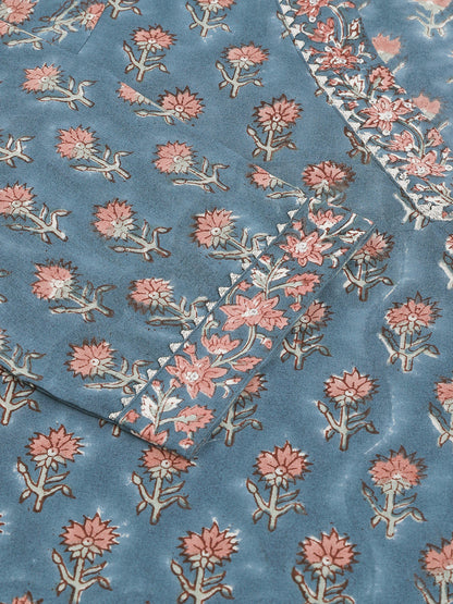 Blue Floral Printed Cotton Embroidered Kurta Set With Trouser & Dupatta For Women