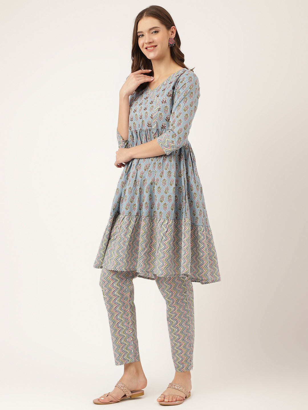 Ethnic Sky Blue Hand Block Floral Print Cotton Kurta, Trouser