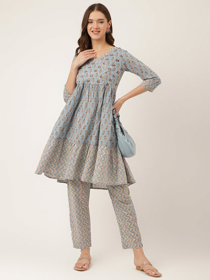 Ethnic Sky Blue Hand Block Floral Print Cotton Kurta, Trouser
