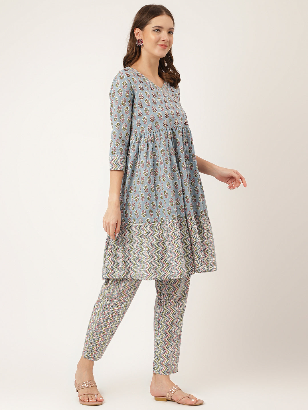 Ethnic Sky Blue Hand Block Floral Print Cotton Kurta, Trouser