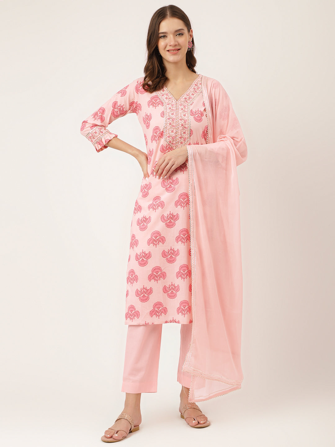 Pink Floral Print Cotton Kurta Set For Women, Trouser & Dupatta