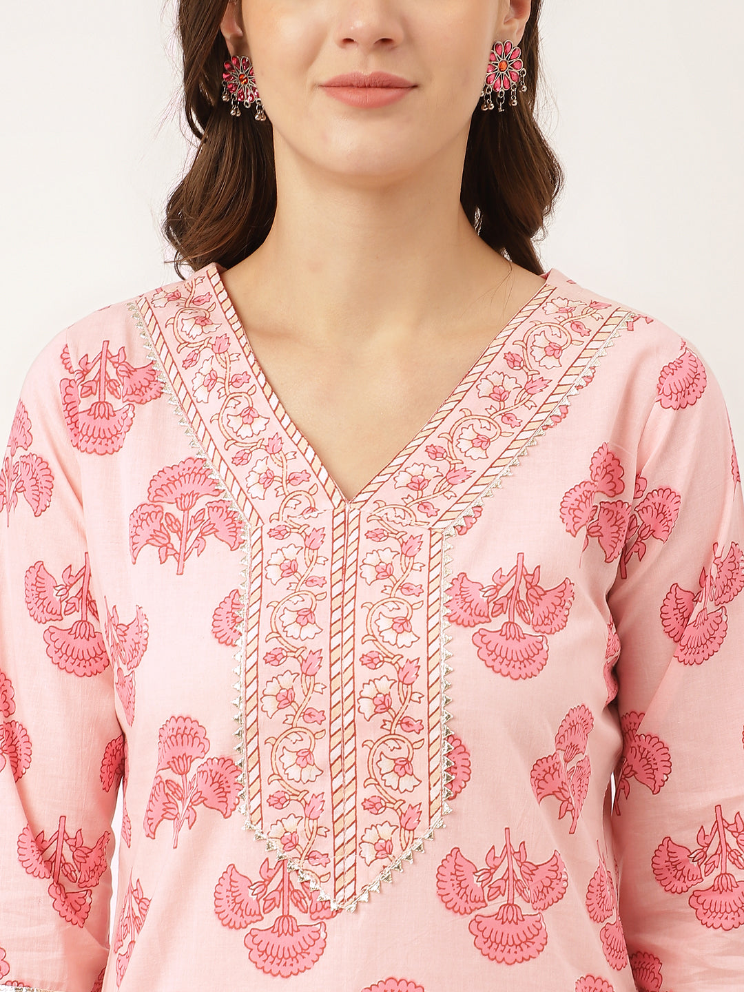 Pink Floral Print Cotton Kurta Set For Women, Trouser & Dupatta