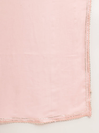 Pink Floral Print Cotton Kurta Set For Women, Trouser & Dupatta