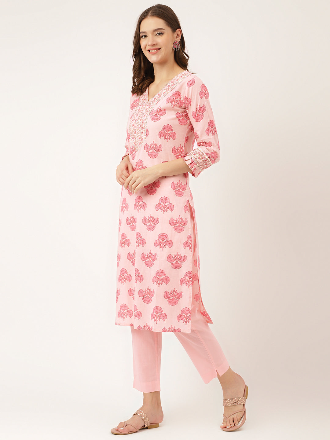 Pink Floral Print Cotton Kurta Set For Women, Trouser & Dupatta