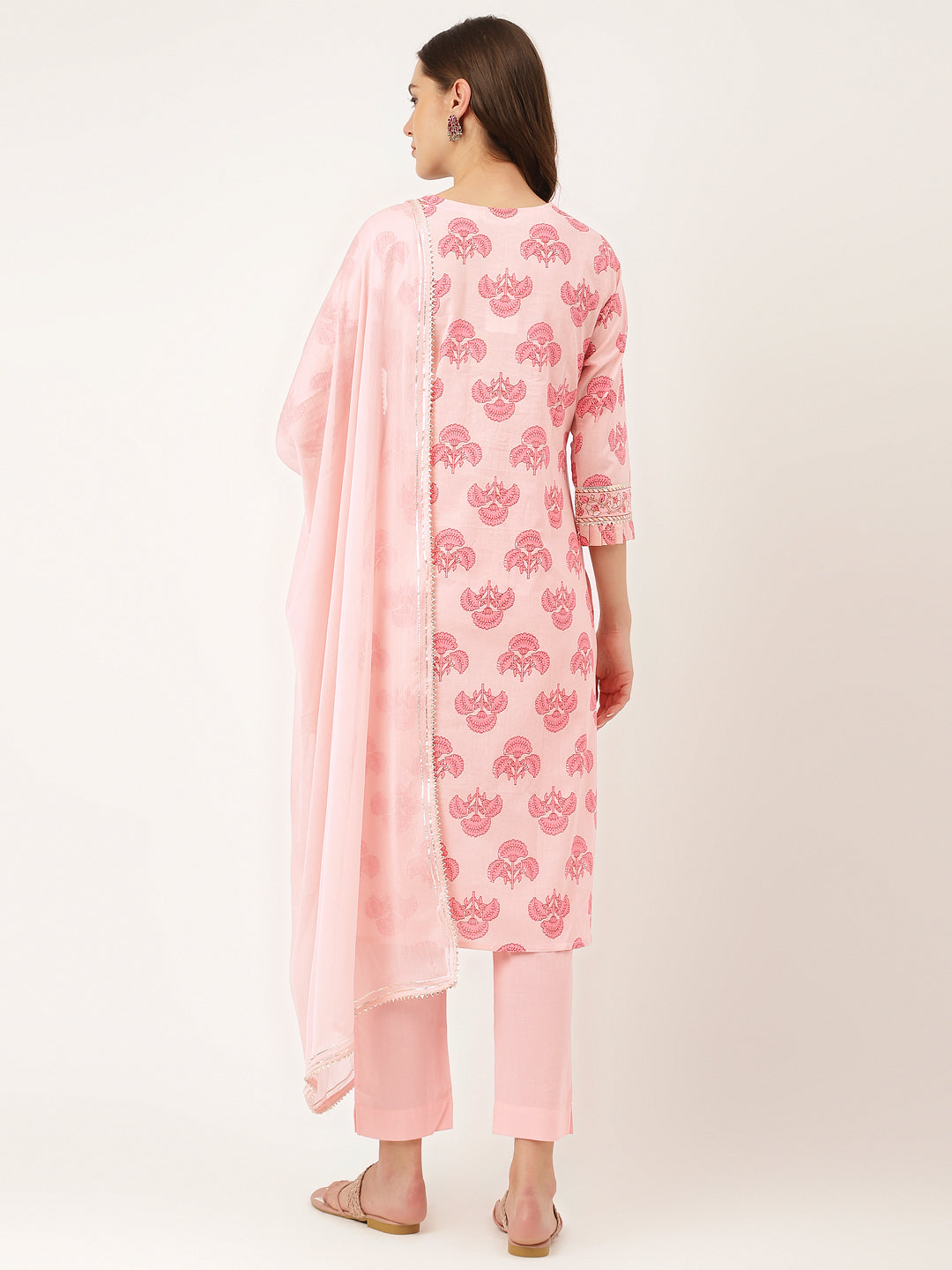 Pink Floral Print Cotton Kurta Set For Women, Trouser & Dupatta