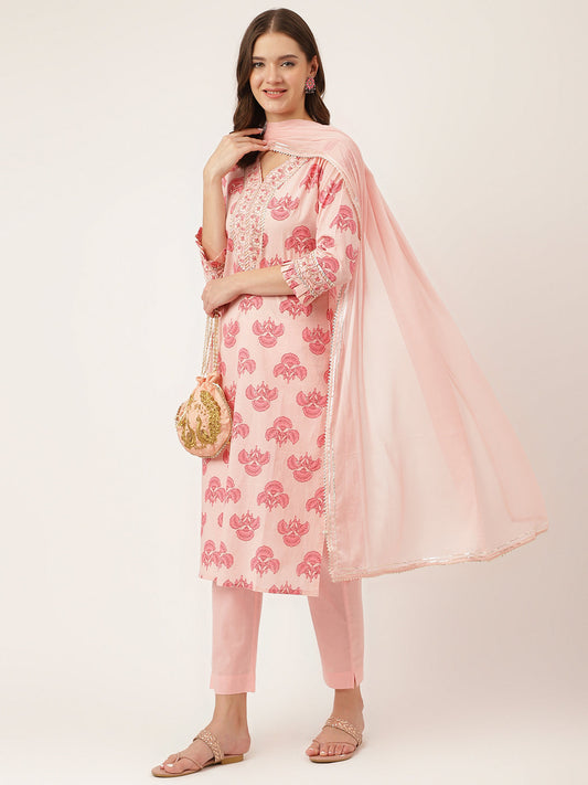 Pink Floral Print Cotton Kurta Set For Women, Trouser & Dupatta