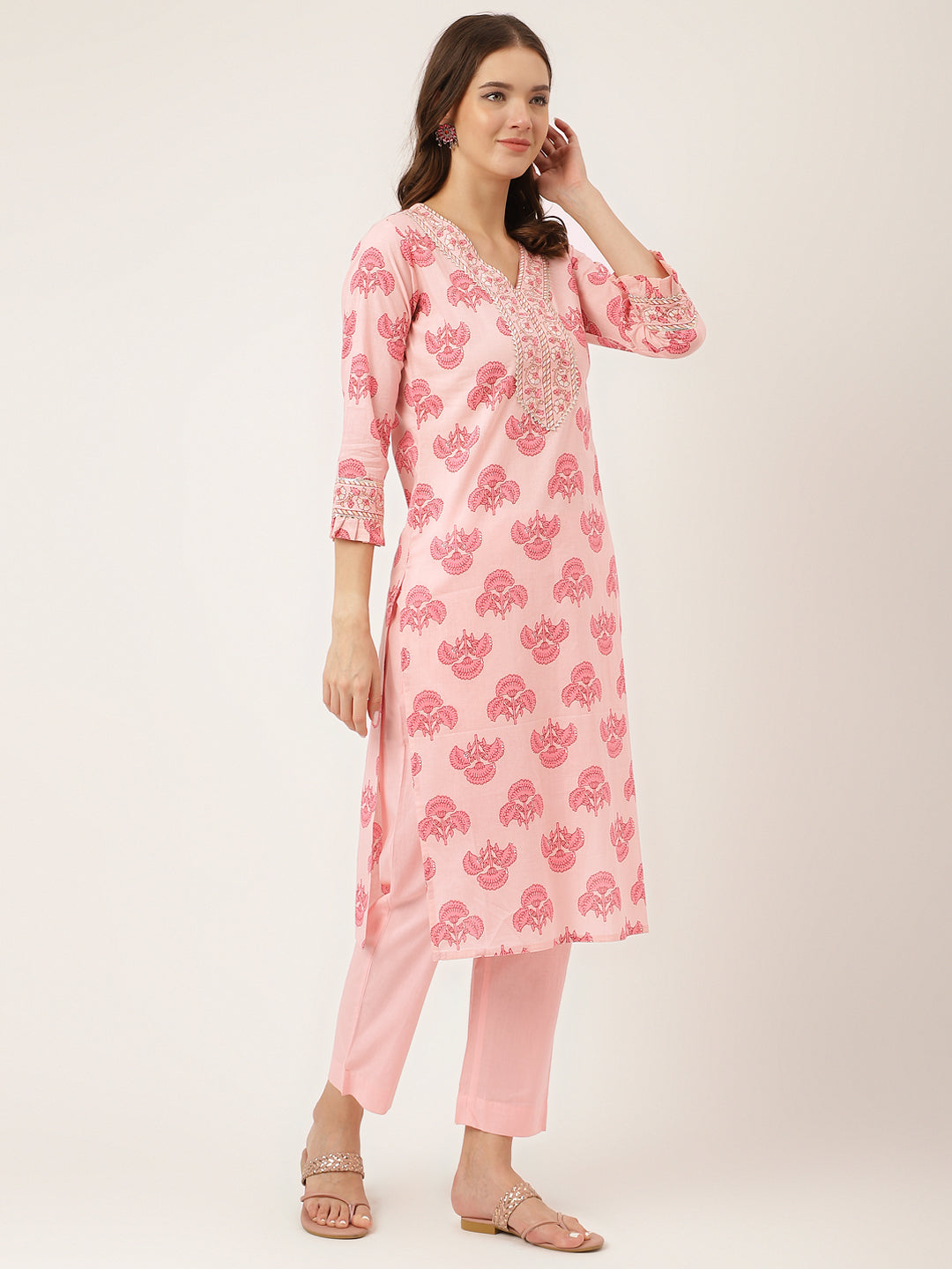 Pink Floral Print Cotton Kurta Set For Women, Trouser & Dupatta