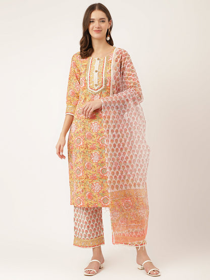 Yellow Ethnic Hand Block Floral Print Cotton Kurta, Trouser With Dupatta
